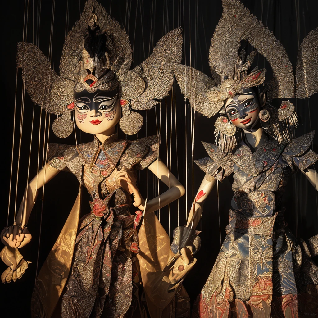 (very sharp photo result, hyper realistic photo) (Best Quality), (masterpiece), (Ultra-detailed CG),(magical ) traditional heritage indonesian west java puppet "wayang golek", pandawa character detailed material & painting with traditional batik cloth ornament, posing dramatically, shadow & light, night shoot shade backlight treatment, taken with DLSR photo, hasselblad, medium lens
