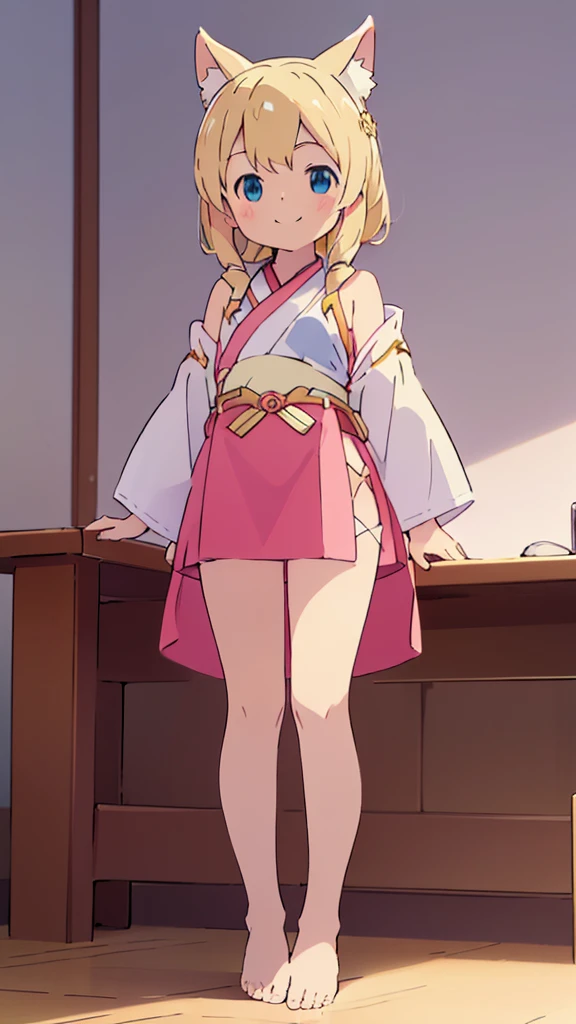 ((masterpiece))((Highest quality))girl、smile、blush、Flat Chest、Are thin、Blonde Hair、blush、Are standing、Whole body image、Even your toes are visible、Eye level on face、front、No background、真frontのアングル、Miko costume