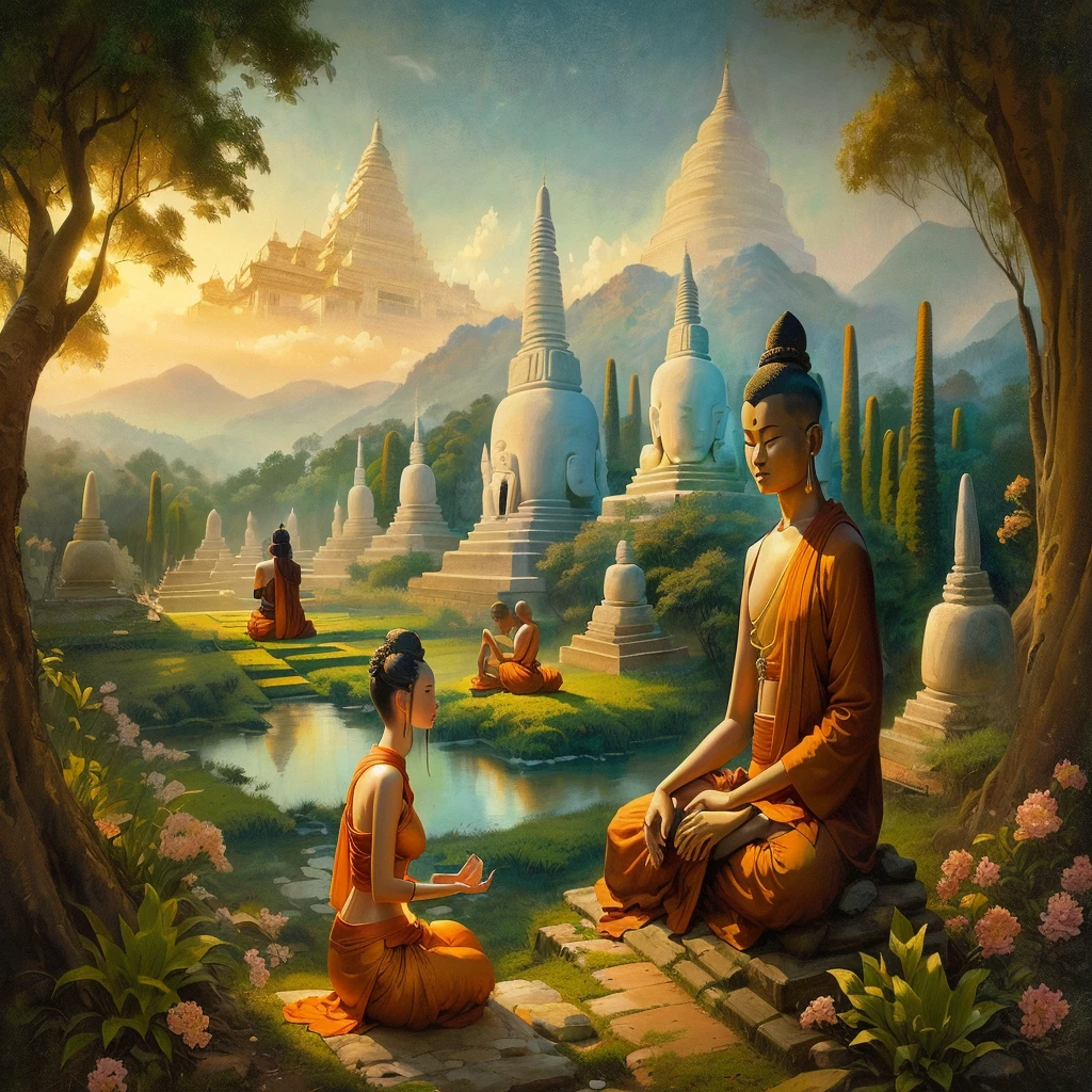 painting of a man sitting on a stone floor next to a woman, buddhism, buddhist, buddhist art, on the path to enlightenment, on path to enlightenment, beautiful depiction, the buddha, hindu stages of meditation, enlightenment, buddhist architecture, buddha, buddhist monk meditating, thailand art, traditional art, monk meditate, meditation, by Wayne England, by John Moonan