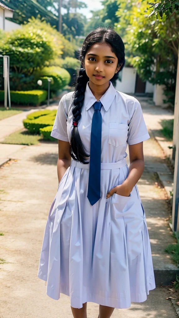 school dress with side pockets,srilankan beautiful school girl wearing school white uniform has large volume pockets,long tie,putting hands in side pockets pose,standing in the srilankan classroom,big chest pocket,long braid hair,both hands in inside deep pockets for cold,random photography,white shoes,full body view 