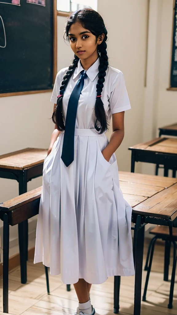 school dress with side pockets,srilankan beautiful school girl wearing school white uniform has large volume pockets,long tie,putting hands in side pockets pose,standing in the srilankan classroom,big chest pocket,long braid hair,both hands in inside deep pockets for cold,random photography,white shoes,full body view