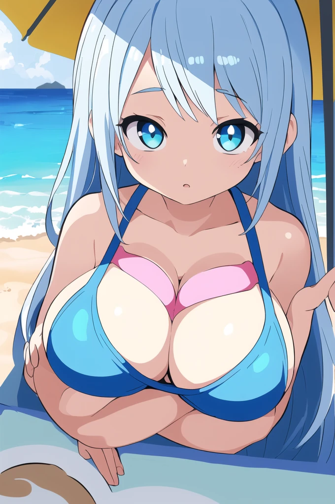 One girl, Swimwear, blue Swimwear, (Platinum Hair, Double Bang:1), (Big Breasts:1.2), View your viewers, Outdoor close-up, sand, Natural light, Beach, (masterpiece, 最high quality, employment, high quality, By professional artists, Super detailed, Very detailed, Absurd, Incredible resolution:1.2),