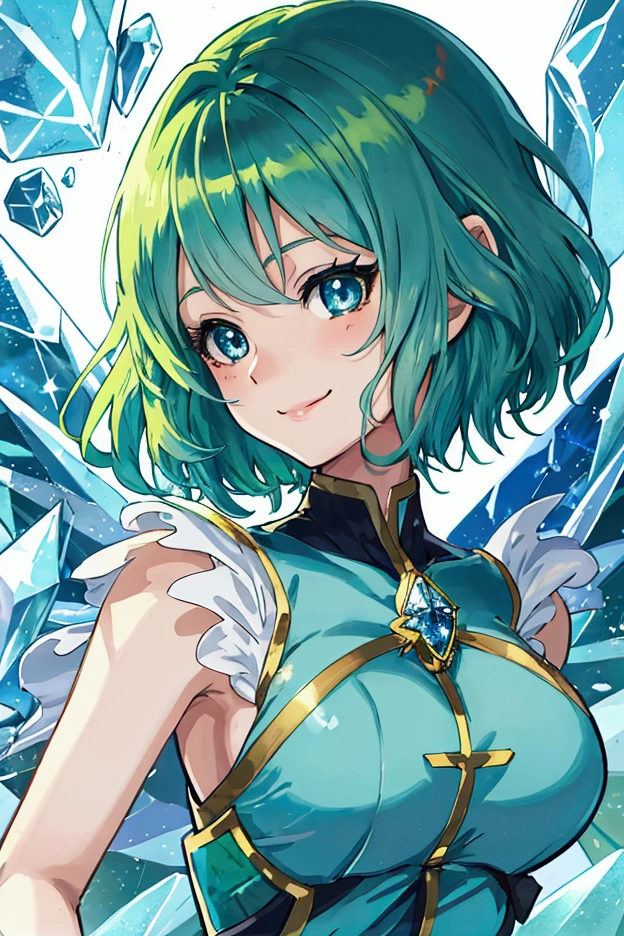 Super detailed face, cute eyes, shy, frontal shot,.Blue green hair anime woman, anime style, young anime woman, smile, semi short hair, digital anime illustration, bangs, crystal hair, shiny hair