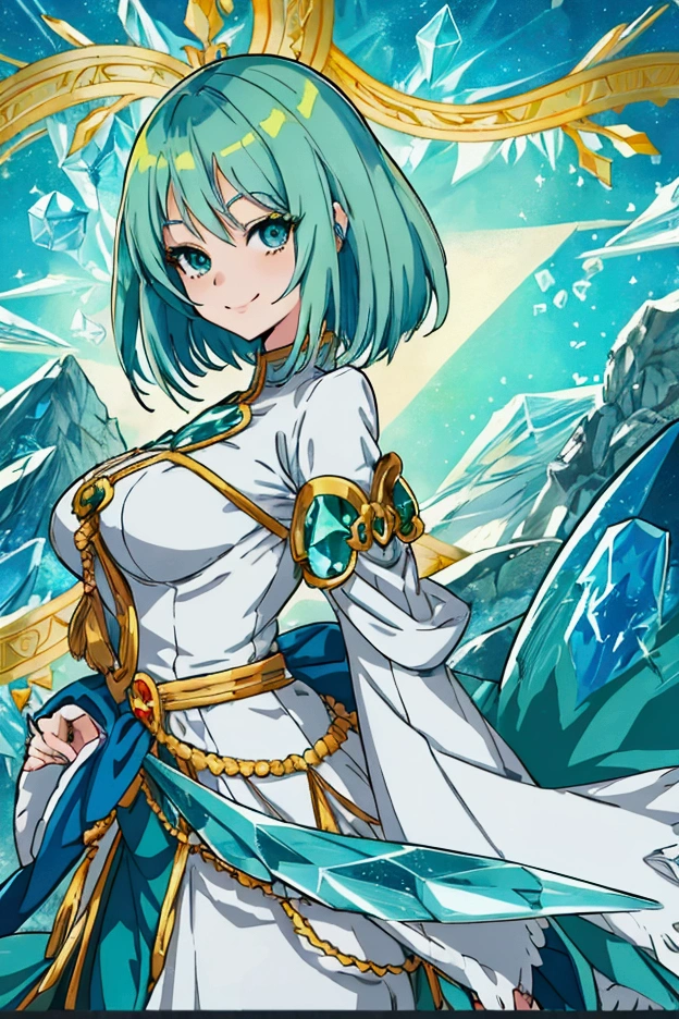 Super detailed face, cute eyes, shy, frontal shot,.Blue green hair anime woman, anime style, young anime woman, smile, semi short hair, digital anime illustration, bangs, crystal hair, shiny hair