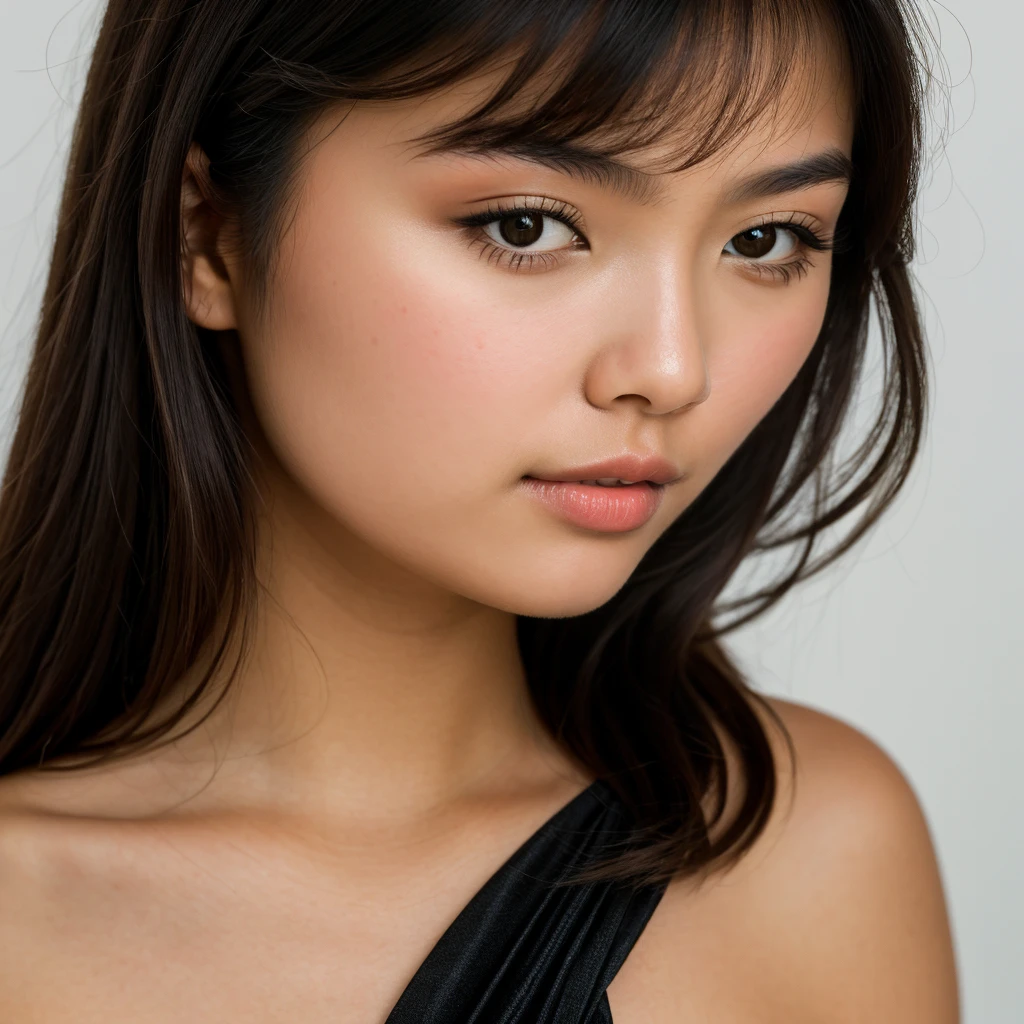 young girl, Asian girl with dark brown hair, big breast, she is dressed in elegant black dress, photo taken on a white background, face close-up. Ultra-high resolution, (photorealistic: 1.4), high resolution, (brown eyes), (finely detailed skin), (perfectly proportioned) (photo realistic) (masterpiece) (photorealistic), ultrarealistic (Best Quality) (Detailed) photographed in a Canon EOS R5, 50mm Lens, F/2.8, (8K) (Wallpaper) (Natural lighting) (Convoluted) Fashion