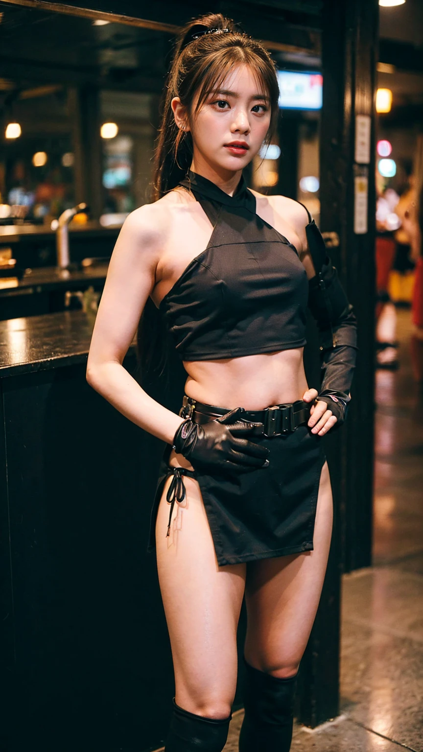 (8K、RAW Photos、Highest quality、masterpiece:1.2)、(Highest quality、Realistic)、1 Girl、((レザーガーターbelt、Side Ponytail、Tube top、Arm Covers、Ninja costume、mini skirt、Black and Pink、tights、Belly button、Gloves、belt、ribbon、See-through、Thin legs、whole body、boots、City of night、View from the front、Looking into the camera、Stand with hands on hips))、cute