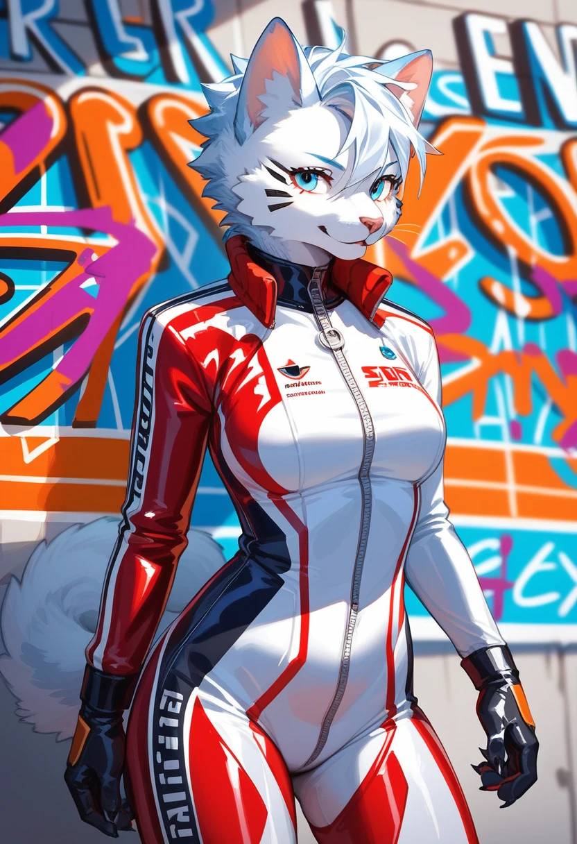 animation, Highest quality, Highest quality, High quality illustrations, masterpiece, Ultra-high resolution, Detailed Background, cyber cafe, Graffiti art on the wall, Absurd, Perfect Anatomy, performance, Good lighting, Shadows in the movies(kemono, Furry PersonifiCation), Cat, Blueskin, Red Rubber Suit, latex, neon, neonライト, neonカラー, Racing Suits, Cyber Suit, White Leather Half Jacket, cyber punk