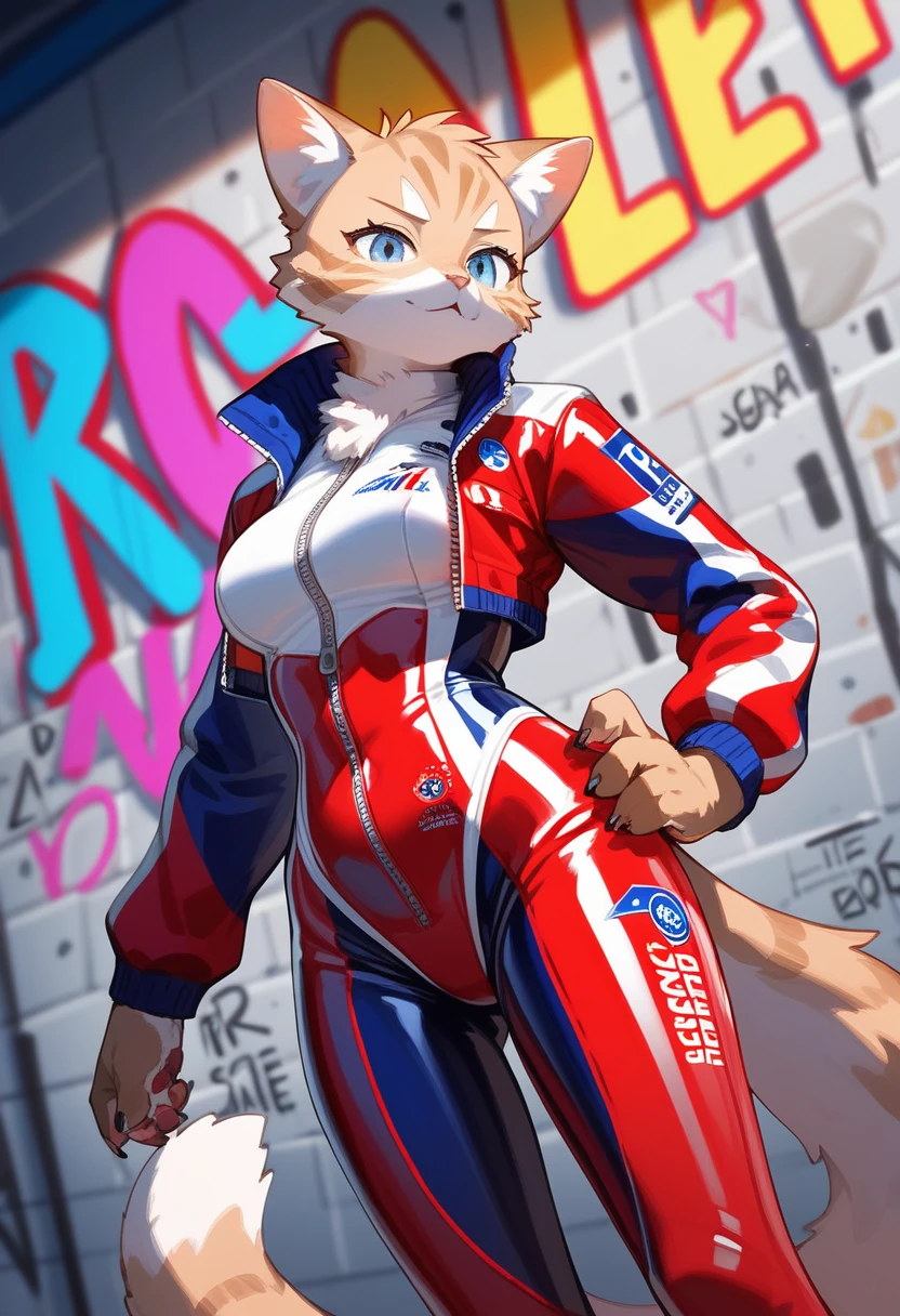 animation, Highest quality, Highest quality, High quality illustrations, masterpiece, Ultra-high resolution, Detailed Background, cyber cafe, Graffiti art on the wall, Absurd, Perfect Anatomy, performance, Good lighting, Shadows in the movies(kemono, Furry PersonifiCation), Cat, Blueskin, Red Rubber Suit, latex, neon, neonライト, neonカラー, Racing Suits, Cyber Suit, White Leather Half Jacket, cyber punk