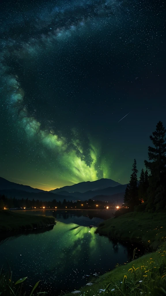 (Amazing, 8K, Raw Photos, Stunning, Highest Quality, Realistic and Highly Detailed, CG, High Quality, Highly Detailed, Subtitles, Particle Effects, Dynamic Effects, depth text edges, cinematic lights, fireworks, raytracing, tabletop, realistic, ultra HD, fantasy), wind, beauty and brilliance of mountains and forests, tranquility and beauty of earth's meadows and soil. vast land, lakeside, beautiful scenery, beautiful natural scenery, night, starry sky, constellations, full moon, space, gorgeous, view, water, constellations, wonder, miracle, shooting star, lights Best illumination, best shine