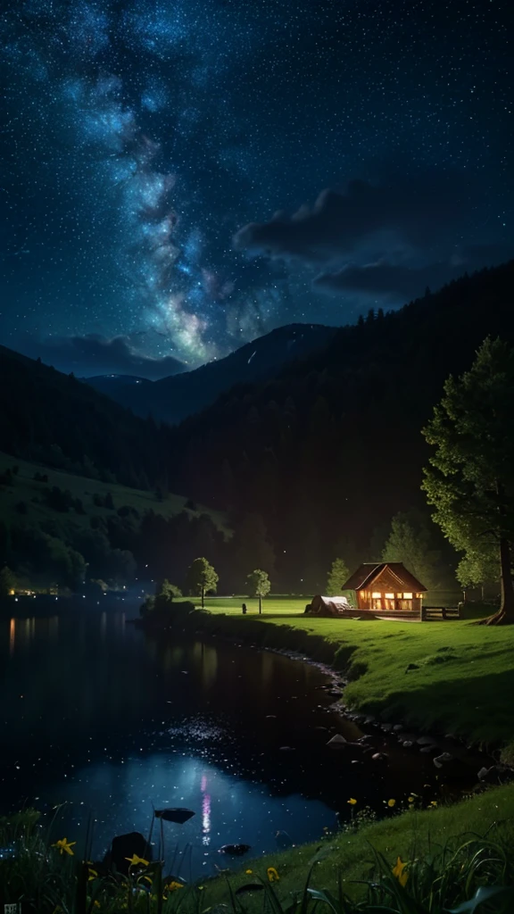 (Amazing, 8K, Raw Photos, Stunning, Highest Quality, Realistic and Highly Detailed, CG, High Quality, Highly Detailed, Subtitles, Particle Effects, Dynamic Effects, depth text edges, cinematic lights, fireworks, raytracing, tabletop, realistic, ultra HD, fantasy), wind, beauty and brilliance of mountains and forests, tranquility and beauty of earth's meadows and soil. vast land, lakeside, beautiful scenery, beautiful natural scenery, night, starry sky, constellations, full moon, space, gorgeous, view, water, constellations, wonder, miracle, shooting star, lights Best illumination, best shine