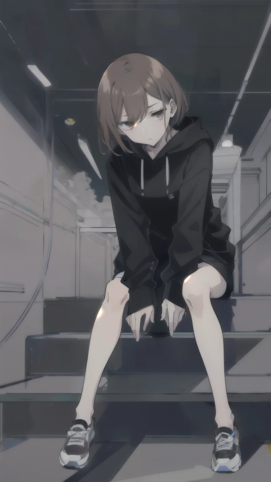 (expensive body, expensive, Long legs, mature female, mature, Adult:1.2), It is_hang on_nobara, 1 Girl, Kugisaki Nobara, alone, Brown Hair, Brown eyes, short hair, , Portraiture, Mouth closed, bangs, Looking at the audience,Wearing a black hoodie,Sit on the stairs,Cheek resting on hand,(Line art:1.8),