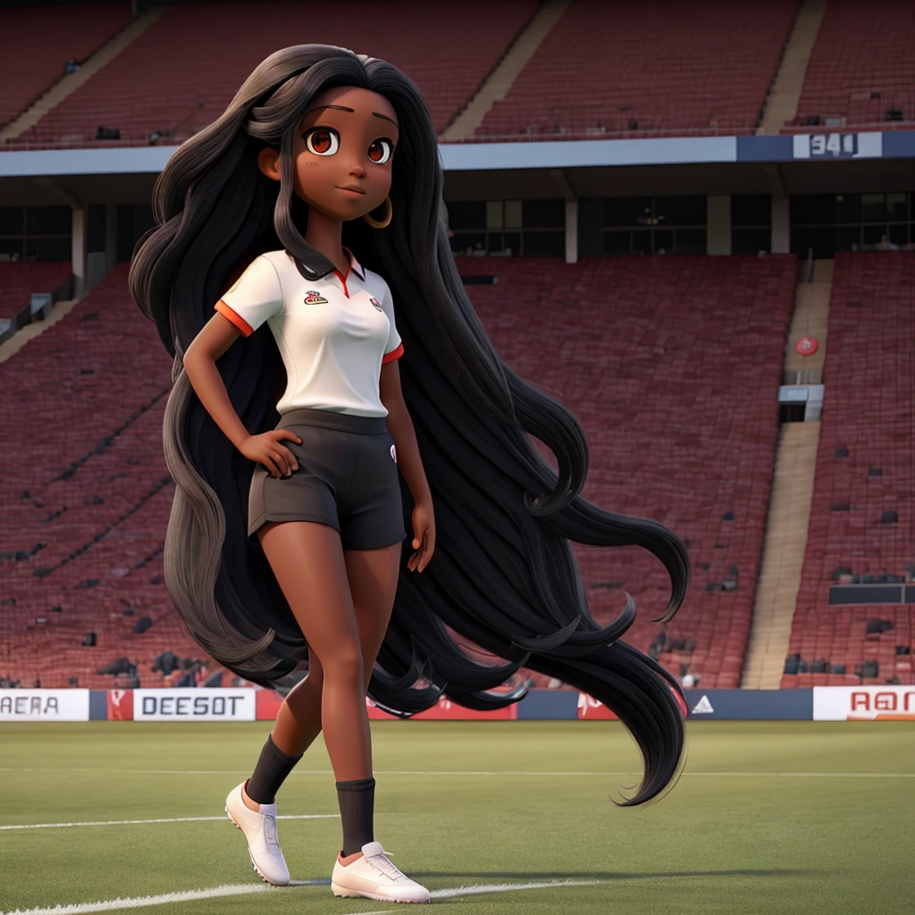 Woman long black hair and dark skin in a soccer stadium