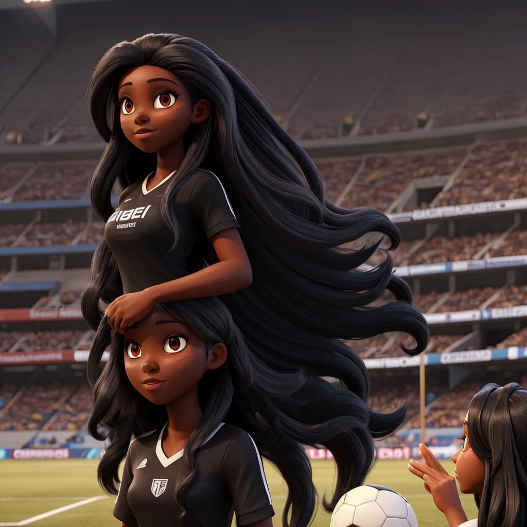 Woman long black hair and dark skin in a soccer stadium 