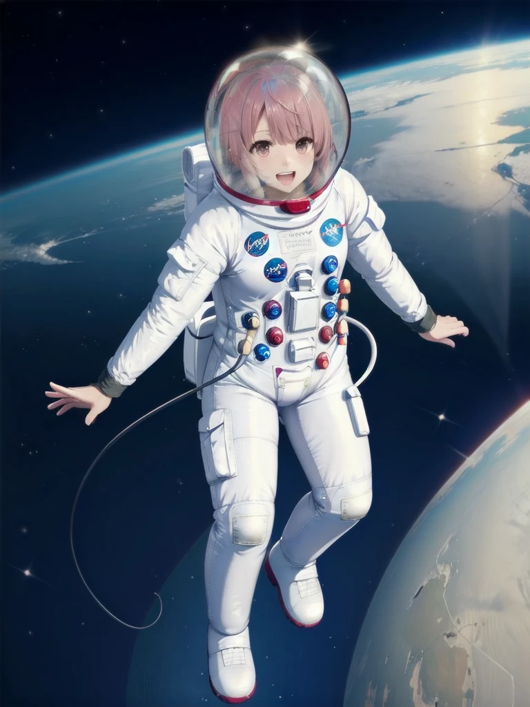 eva helm, spacesuit , astronaut), from above, pink hair, bubble helmet, space helmet,wearing a (spacesuit:1.15), white cargo pants, hovering, flying, moon surface, earth, floating pose, happy, smilebeautiful 8k wallpaper, highly advanced, (sleek design:1.3), intricate, highres, superb, 8k wallpaper, extremely detailed, intricate, FROMBELOW