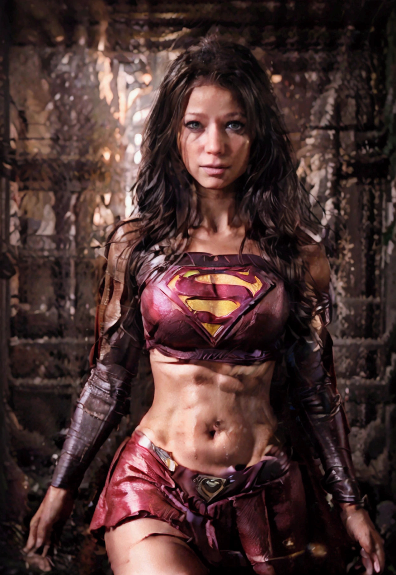 (((Melisa Mendiny))), unreal-engine:1.4,Ultra-realistic 64K CG, Fotorrealista:1.4, Skin texture:1.4, tmasterpiece:1.4,Beautiful woman in sexy supergirl costume, detailedbackground, Super cyberpunk costume . Wide buttock,The City of Fire at the end of the world, showing flat belly,red micro skirt, ,Beautiful skinny hands,