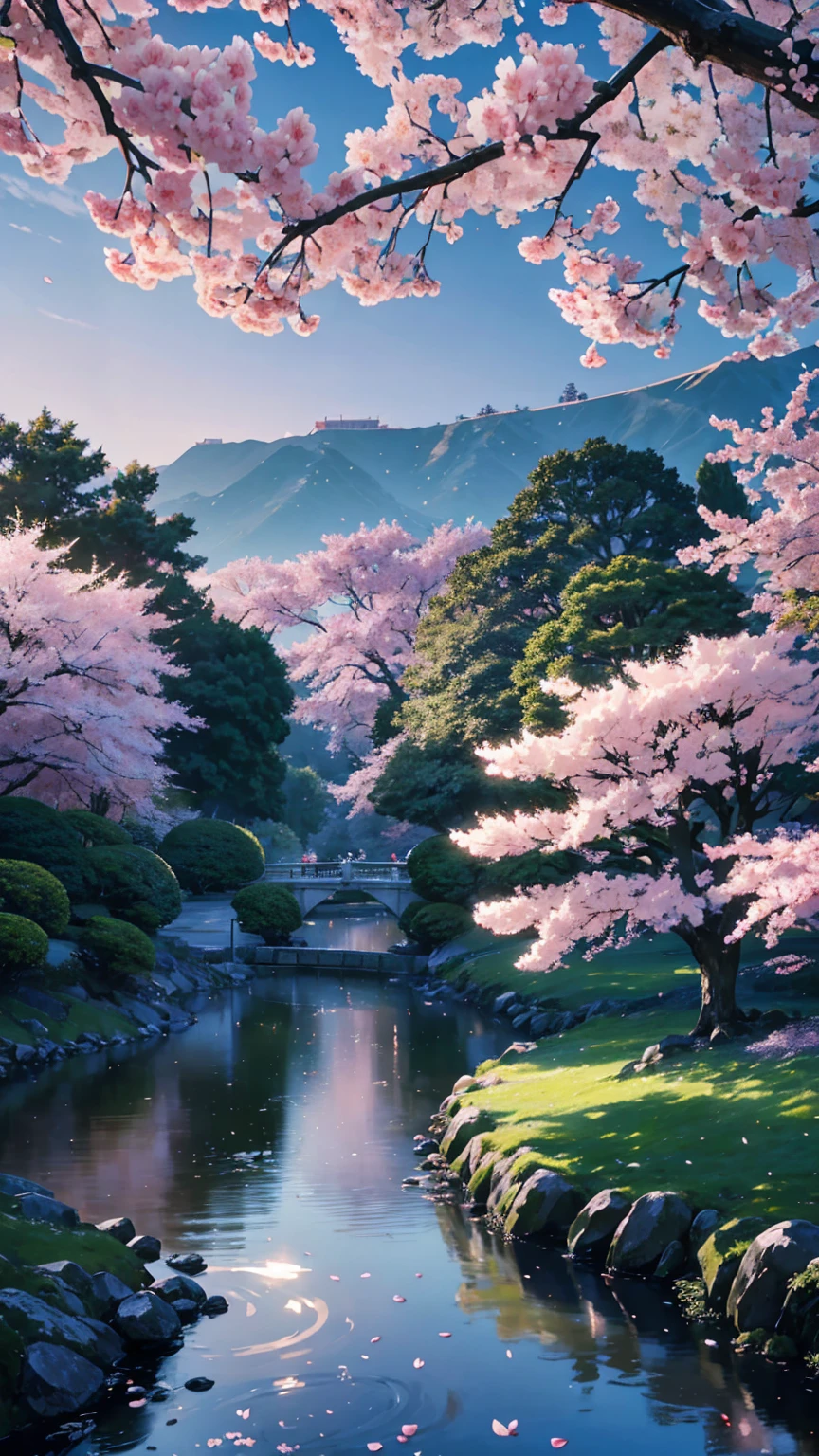 Super detailed, highest quality, (ultra high resolution,8K), (Highly detailed CG integrated 8k wallpaper), movie lighting effects,(law of near and far),beautiful lighting,Photographed with Canon EOS R6,(beautiful night view),warm,spring,(cherry blossom street),(Cherry tree),,(Cherry Blossom),sunlight,(Detailed Spring Shinjuku Gyoen National Garden),(kotonoha no niwa),(detailed distant cityscape),residential street,apartment,calm atmosphere,(Photoreal)