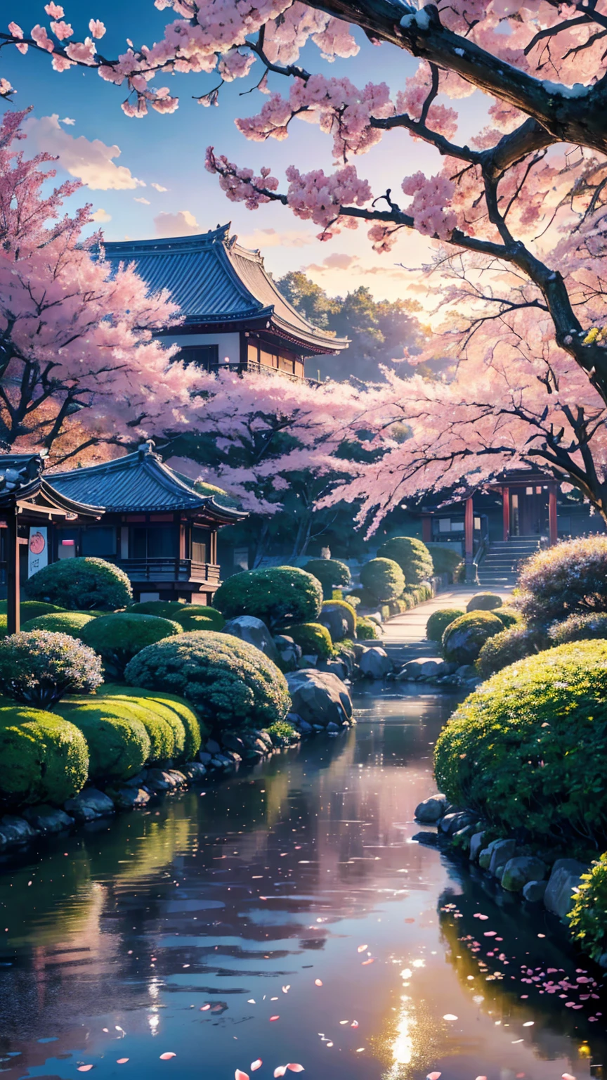 Super detailed, highest quality, (ultra high resolution,8K), (Highly detailed CG integrated 8k wallpaper), movie lighting effects,(law of near and far),beautiful lighting,Photographed with Canon EOS R6,(beautiful night view),warm,spring,(cherry blossom street),(Cherry tree),,(Cherry Blossom),sunlight,(Detailed Spring Shinjuku Gyoen National Garden),(kotonoha no niwa),(detailed distant cityscape),residential street,apartment,calm atmosphere,(Photoreal)