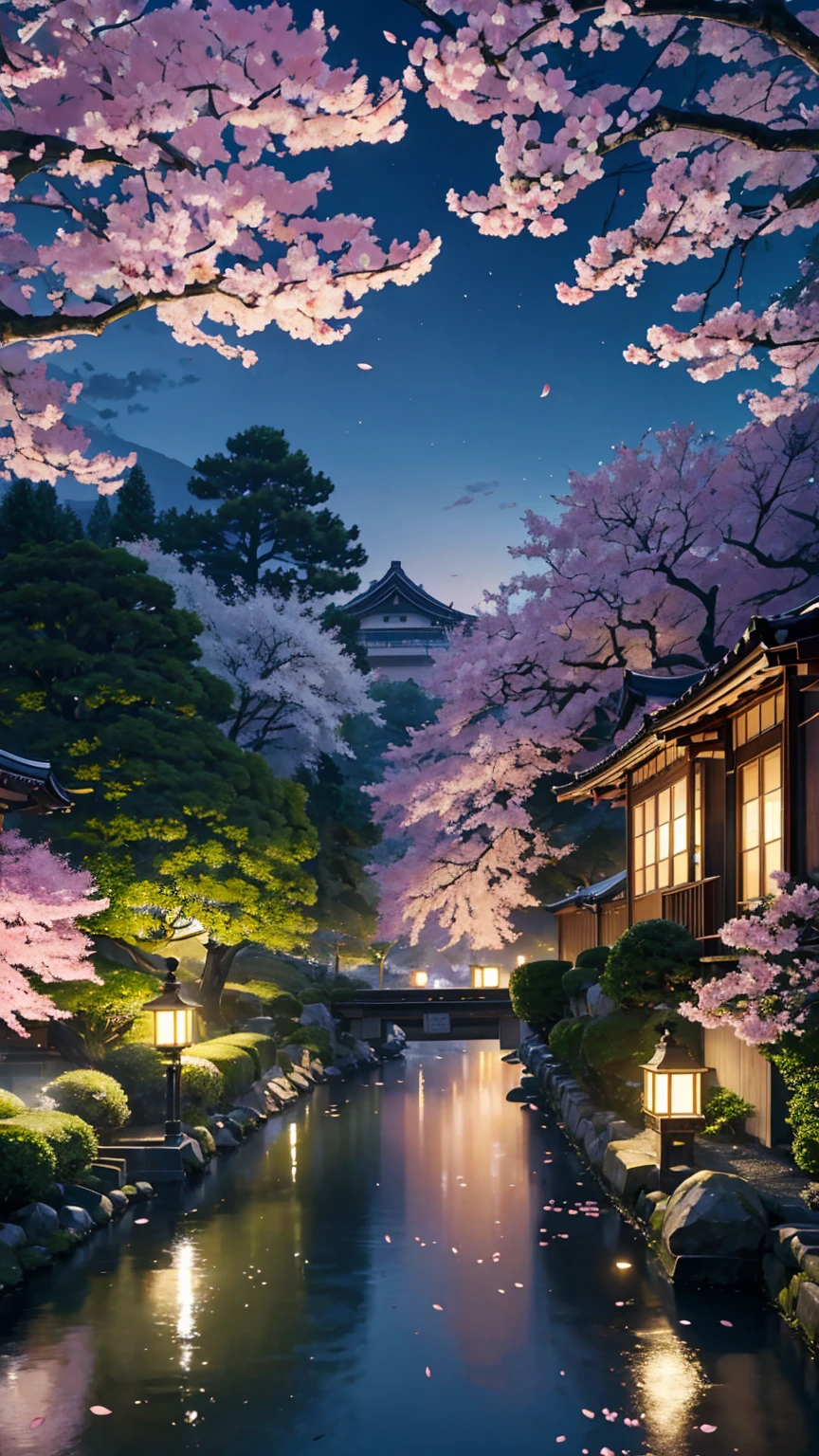Super detailed, highest quality, (ultra high resolution,8K), (Highly detailed CG integrated 8k wallpaper), movie lighting effects,(law of near and far),beautiful lighting,Photographed with Canon EOS R6,(beautiful night view),warm,spring,(cherry blossom street),(Cherry tree),,(Cherry Blossom),sunlight,(Detailed Spring Shinjuku Gyoen National Garden),(kotonoha no niwa),(detailed distant cityscape),residential street,apartment,calm atmosphere,(Photoreal)