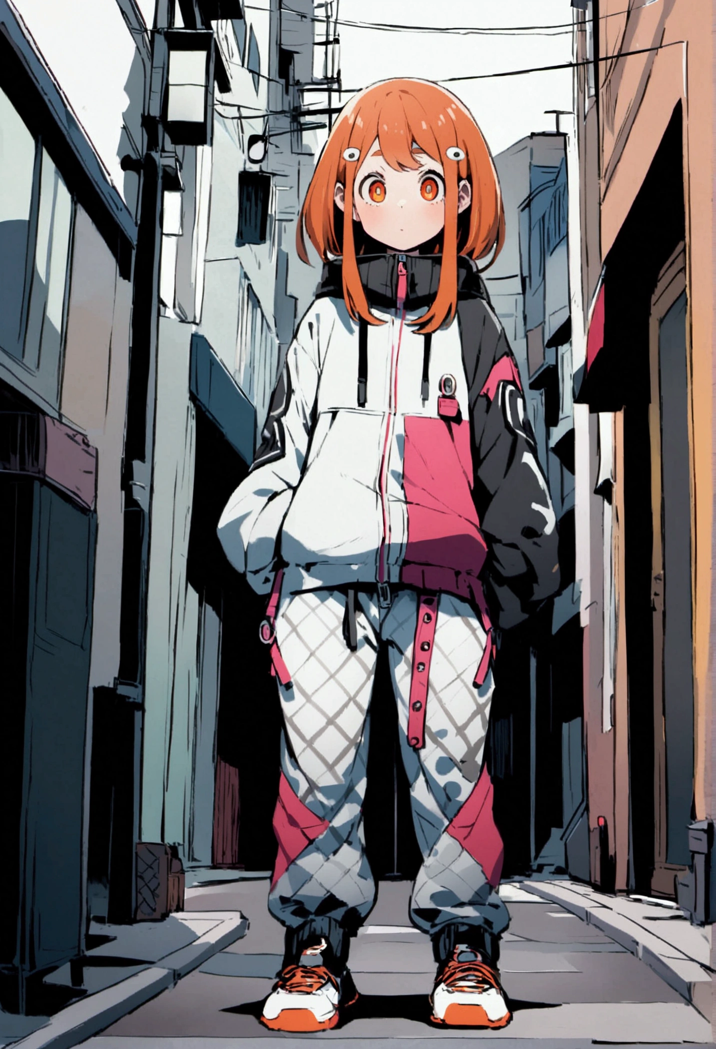 ochako, street ware clothes, full body standing, fish eye linse.