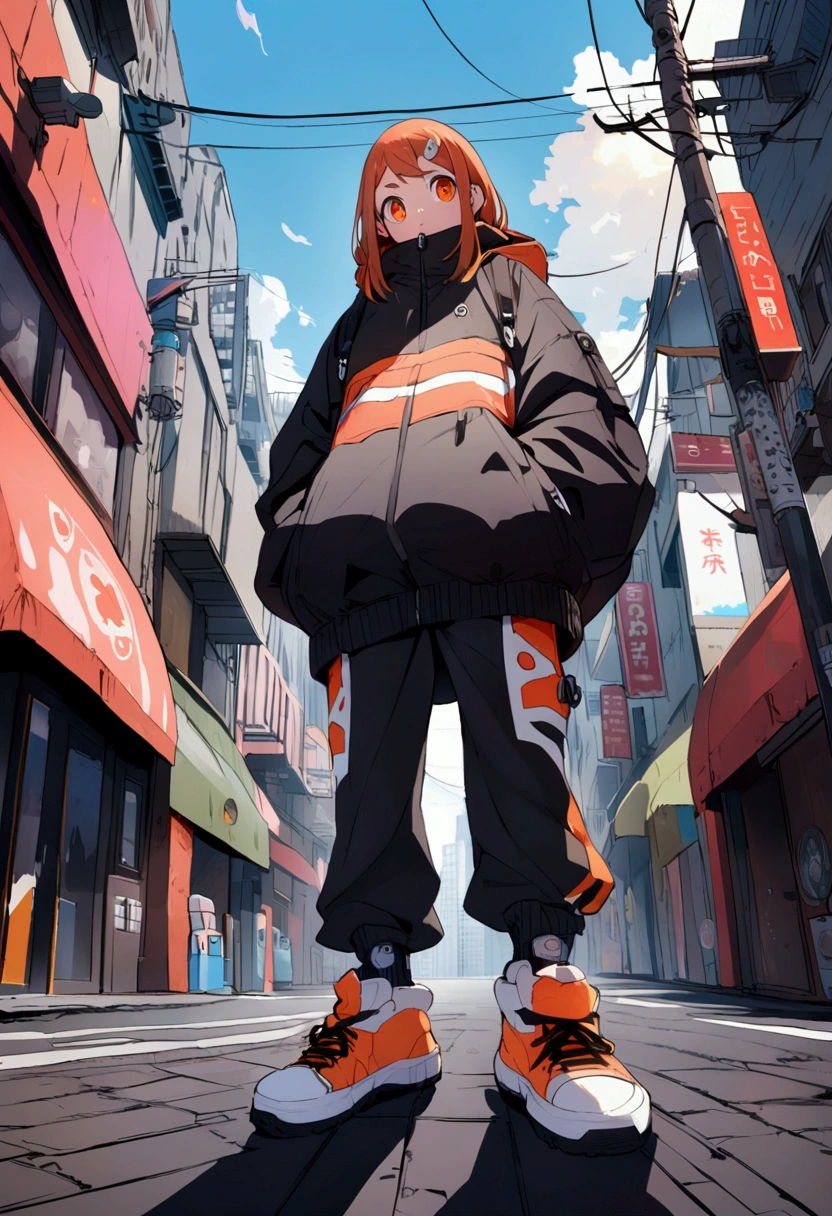 ochako, street ware clothes, full body standing, fish eye linse.