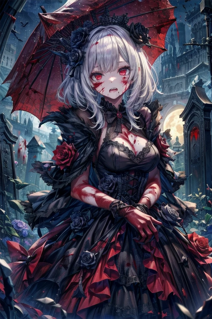 Midnight Cemetery、dawn、Red full moon、darkRedVampire、red and black bat、Red rain、Batware、Put on the bat、Bat Costume、Gothic Dress、Black and white parasol、Fascinating美しさ、Fascinating、Black Rose、skull、Red eyes、八重teeth、teeth、Unnaturally pale skin、Black gloves, (Blood splatter:1.5)