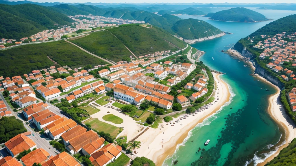 Beautiful scenery of ancient Portuguese village, Aerial view, Photorealistic photos, High definition.
