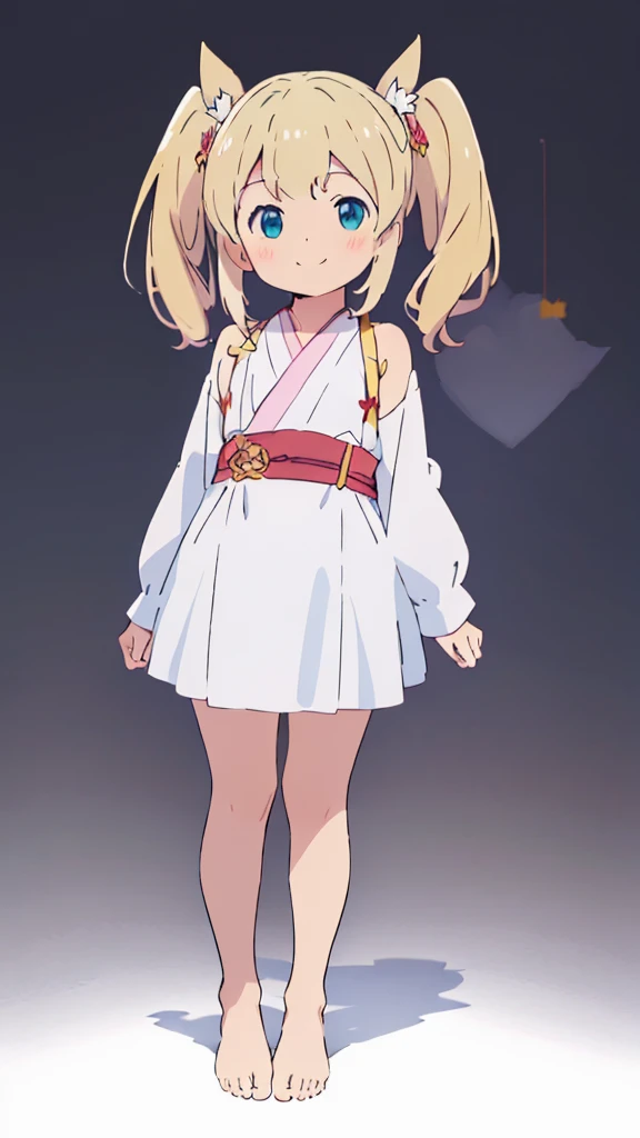 ((masterpiece))((Highest quality))girl、smile、blush、Flat Chest、Are thin、Blonde Hair、blush、Are standing、Whole body image、Even your toes are visible、Eye level on face、front、No background、真frontのアングル、Miko costume、Twin tails