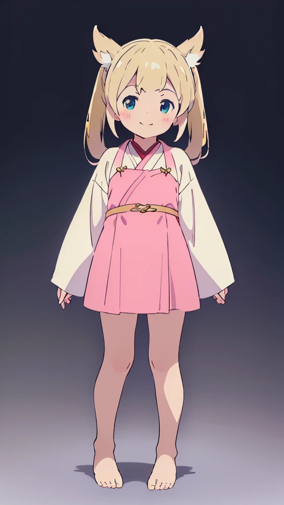 ((masterpiece))((Highest quality))girl、smile、blush、Flat Chest、Are thin、Blonde Hair、blush、Are standing、Whole body image、Even your toes are visible、Eye level on face、front、No background、真frontのアングル、Miko costume、Twin tails