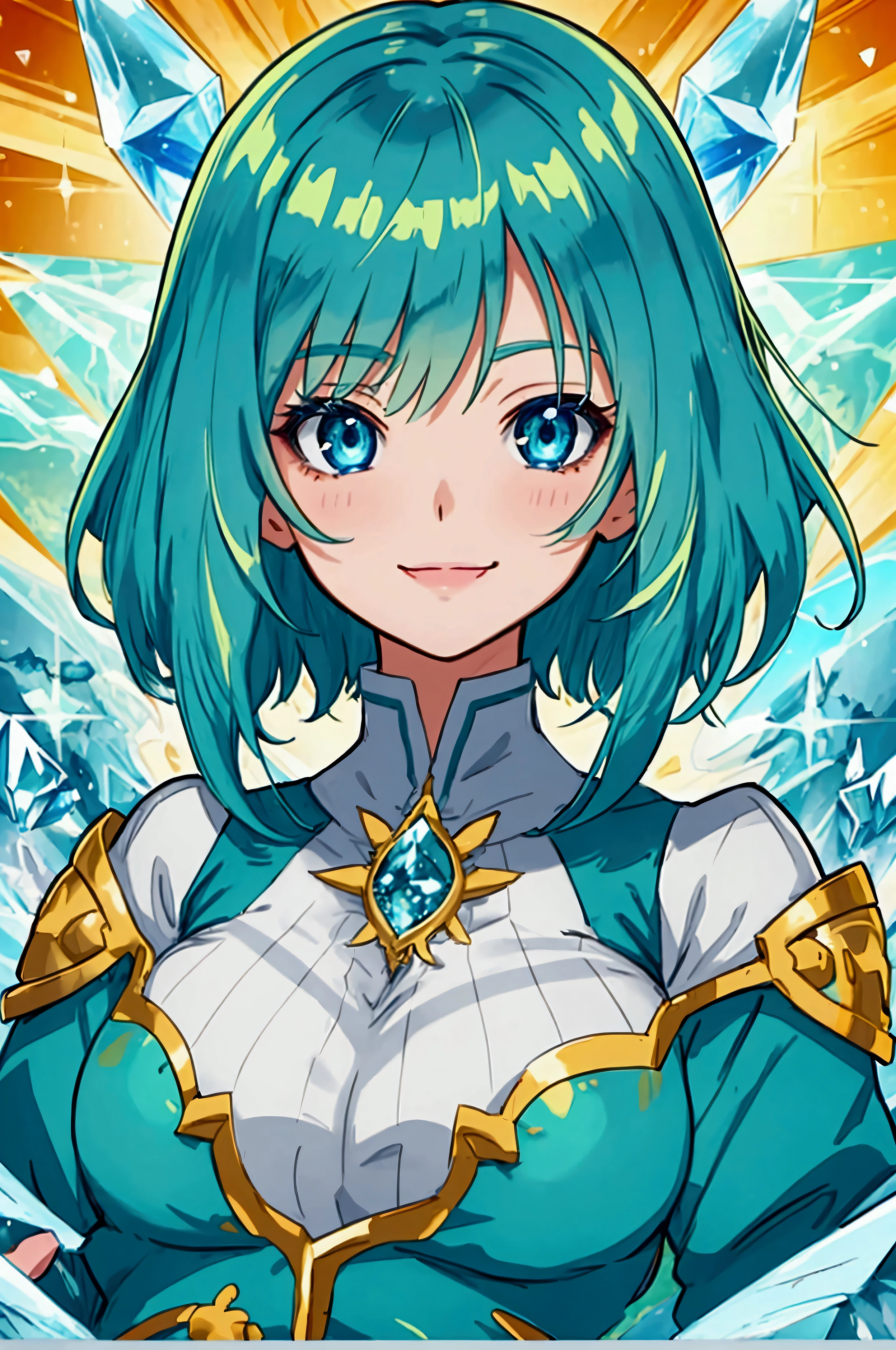Super detailed face, cute eyes, shy, frontal shot,.Blue green hair anime woman, anime style, young anime woman, smile, semi short hair, digital anime illustration, bangs, crystal hair, shiny hair