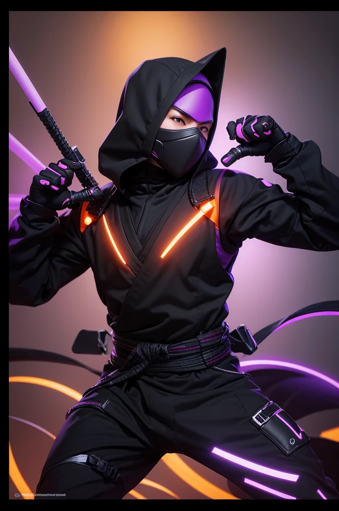 Create a technological ninja with black colors, oranges and purples