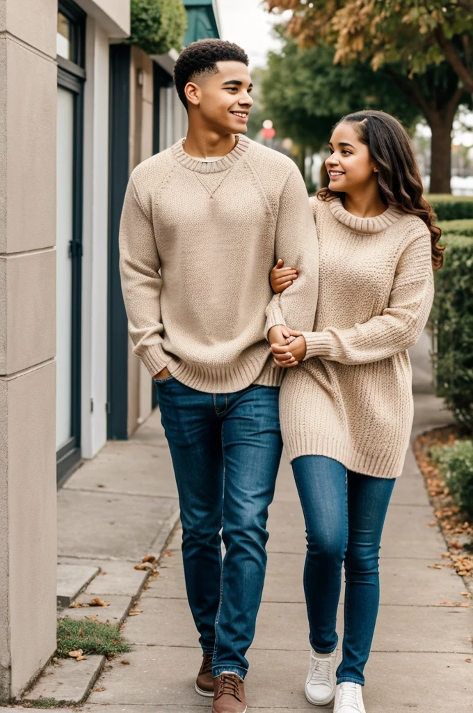 A light skinned Latina age girl with a round face wearing a sweater walking hand in hand with her boyfriend