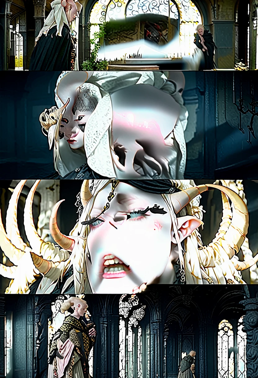 cinematic (full body:1.1) (very pale freckled demon woman, standing:1.2), (textured pink quartz symmetrical demon horns, short buzzcut buzz cut hair, detailed blushing albino skin:1.35), (wearing detailed armored elegant ancient embroidered ceremonial robes, pendant:1.2), (large round detailed luminous glowing hazel eyes, long eyelashes:1.22), (thick thighs:1.15), (citrine earrings, extravagant jewelry:1.1), (eye highlights:1.1),
BREAK (in a dark abandoned asylum:1.2), (dark:1.1) , [freckles : blush:0.5], intricate detail, (eye highlights:1.1), (sharp focus:1.2), portrait by [jean delville : gustave dore : iris van herpen : Lise Cloquet : Alphonse Mucha:0.25] [wendy froud style : dark fantasy : fairy style:0.33]