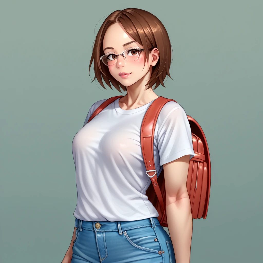 (zPDXL2),  score_9_up, painterly, faux traditional media, realistic, BREAK
1girl, (human:1.2), solo, close-up portrait, (Chestnut, shoulder-length hair), brown eyes, (slender body), Light skin, blush cheeks, (wearing Jeans and t-shirt, sneakers, thin-framed glasses, Small backpack), simple background, BREAK
AissistXLv2, unaestheticXL_bp5, SimplePositiveXLv2, zPDXL2 PonyXLV6_Scores