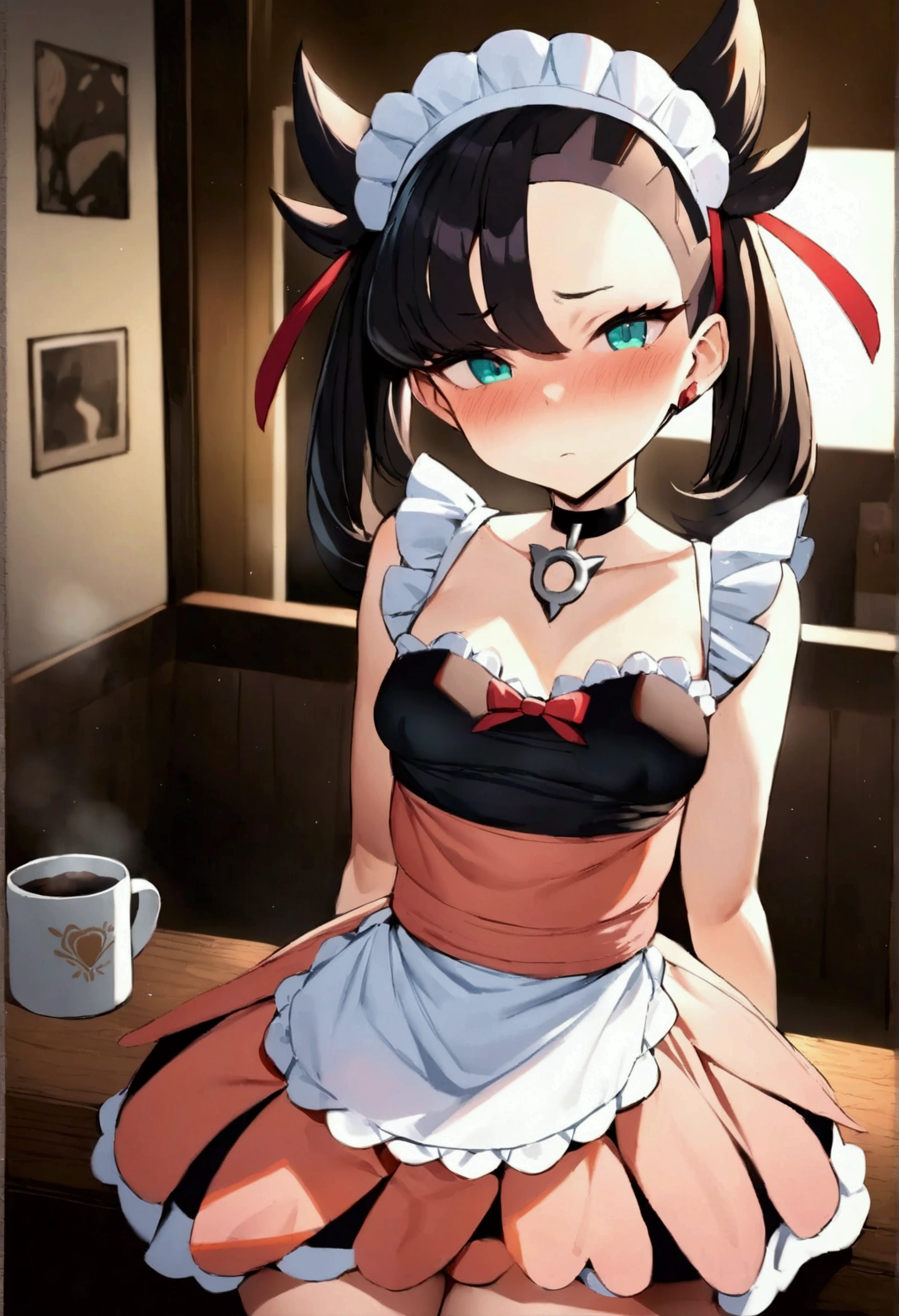 NSFW,masterpiece,Highest quality,High resolution,Super detailed,marnie_\(pokemon\),Aqua Eye, Black Choker, Red ribbon,Classic maid outfit,mini skirt,Headdress,Small breasts,Be nervous,blush,Coffee shop