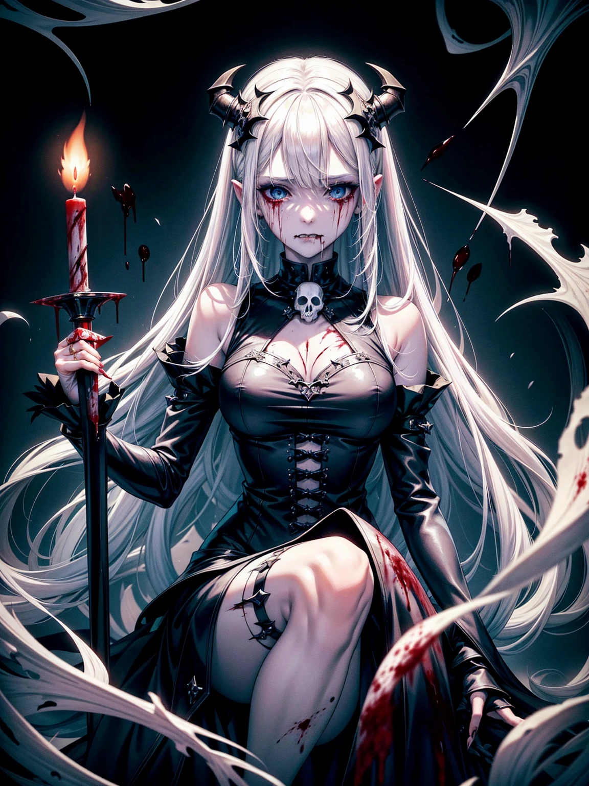 （masterpiece，Highest quality）， solo，A white-haired woman is holding a candle，Anime Skull Woman Portrait,Beautiful Necromancer girl，Beautiful girl necromancer，，Smokey, Flowing white hair，Critical Eyes，Pale skin，Black eyeshadow，Black blood and tears，Two fangs exposed，Gothic Girl Anime Characters，Beautiful Necromancer，gothic fantasy art，Dark fantasy art, White-haired God,Retrato de um Female Necromancer，Female Necromancer，Goddess of Death，Dark atmosphere lighting，The light shines，Mysteriouagic，Edge Light, (Blood splatter:1.5)