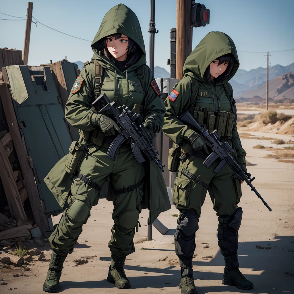 Character Design、Female soldier standing guard with gun，Wearing dark green M-51 hooded military uniform、Hooded on head、Magazine Pouch、Tactical shoulder strap、Military Pants、Knee pads、Write details、masterpiece、best quality、Highly detailed CG、8K picture quality