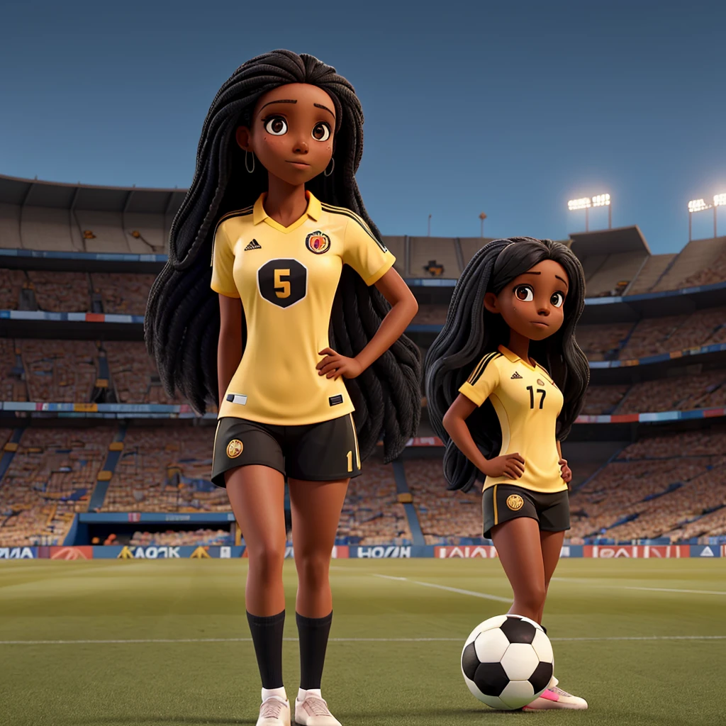 Woman with long black hair and dark skin in a soccer stadium wearing the Colombia shirt 