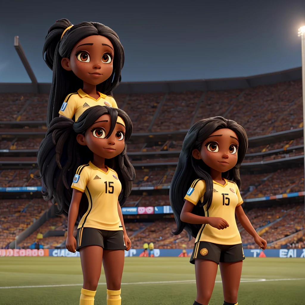 Woman with long black hair and dark skin in a soccer stadium wearing the Colombia shirt