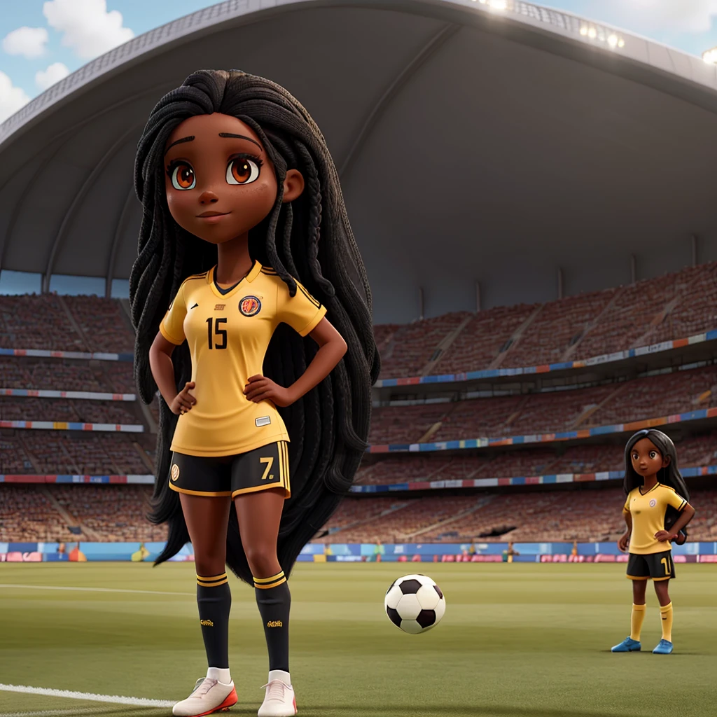 Woman with long black hair and dark skin in a soccer stadium wearing the Colombia shirt