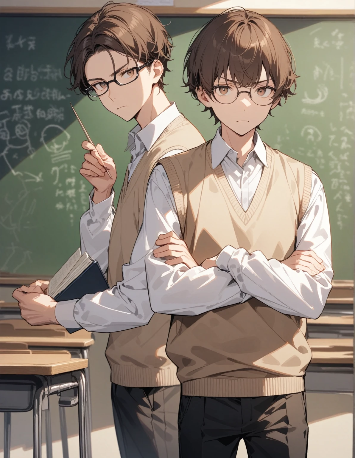 guy, looking at the viewer, brown eyes, brown hair, short hair with bangs, dressed in a white shirt and sweater vest, and black pants, wears glasses, looks unhappy, stands in the classroom, the teacher, near the blackboard, holds a book and a pointer, gentle tones, folding arms,