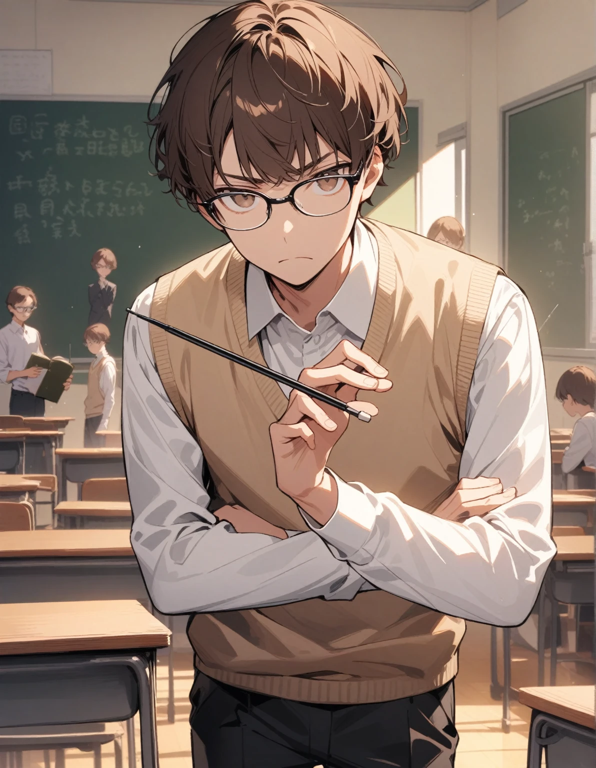 guy, looking at the viewer, brown eyes, brown hair, short hair with bangs, dressed in a white shirt and sweater vest, and black pants, wears glasses, looks unhappy, stands in the classroom, the teacher, near the blackboard, holds a book and a pointer, gentle tones, folding arms,