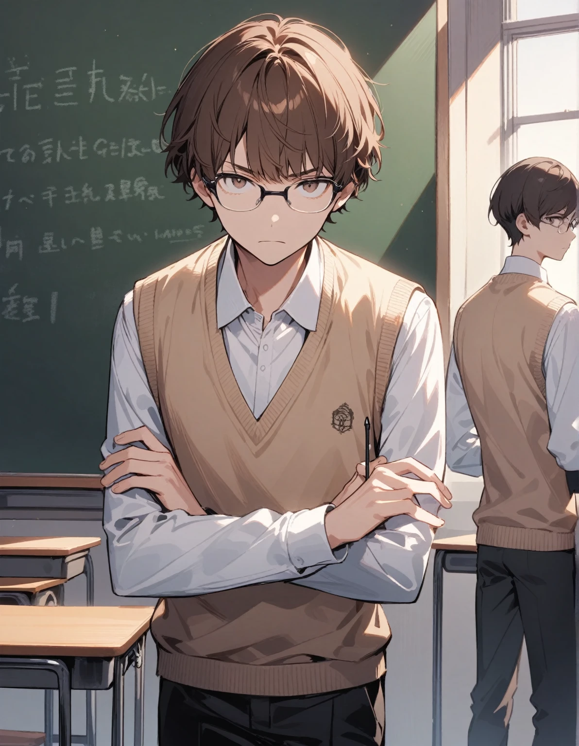 guy, looking at the viewer, brown eyes, brown hair, short hair with bangs, dressed in a white shirt and sweater vest, and black pants, wears glasses, looks unhappy, stands in the classroom, the teacher, near the blackboard, holds a book and a pointer, gentle tones, folding arms,