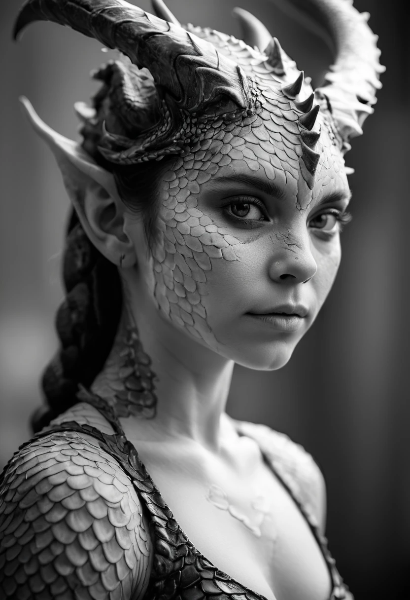 face portrait of a beautiful artdrgn woman with scales as skin, horns, shallow depth of field, blurry background, monochrome, highly detailed, strong shadows,
 