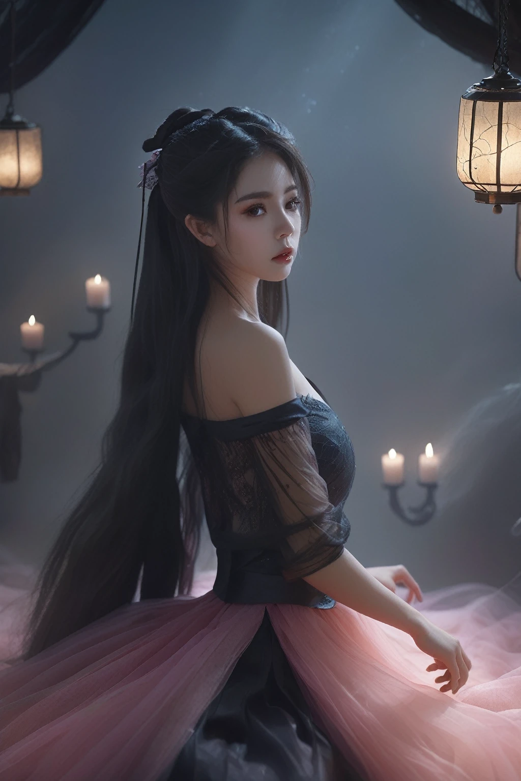 Ultra HD, 8K, Extremely detailed, Photos of Dark Fantasy Art, Girl in tulle skirt,making eye contact, dark, Moody, dark fantasy style, Beautiful Lights, great composition