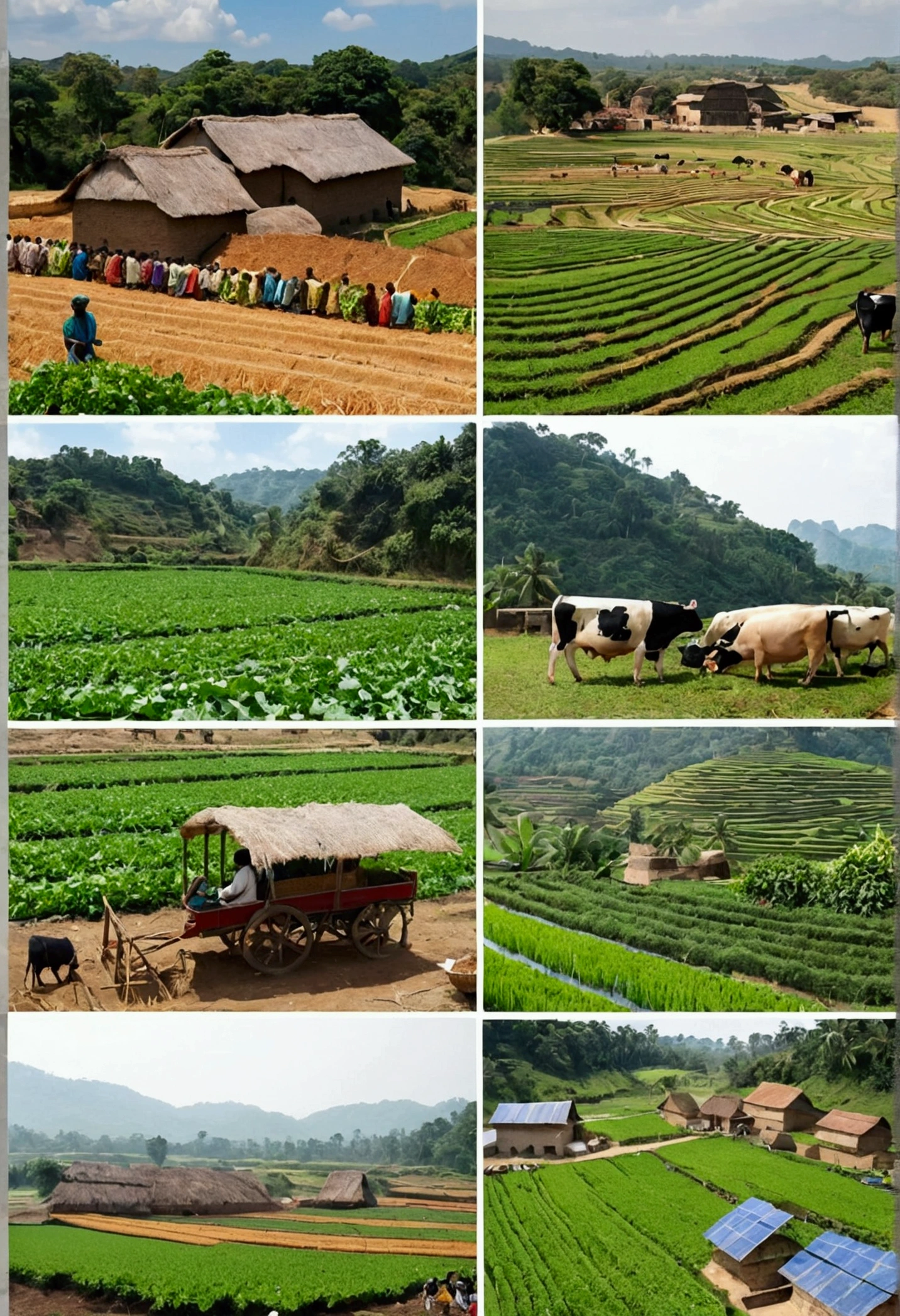 On the upper right side, there are people who are farming. On the upper left side, there are people who are growing vegetables. In the middle there are people raising cows, chickens and pigs, on the lower left there are people weaving. On the lower right side there are people making weaving machines.