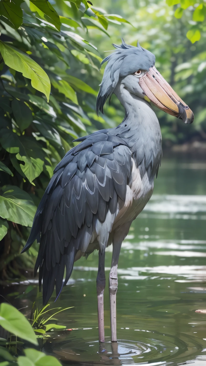 RAW Photos、Highest quality、ultra High resolution、High resolution、masterpiece:1.3、shoebill stork、Sharp Eyes、Aiming for prey、Dense forest、Swamp、