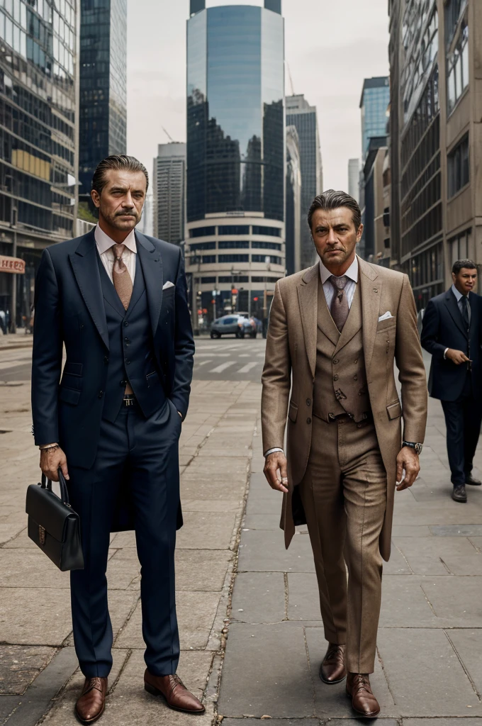 Create an image of a wealthy man and a poor man standing side by side. The rich man is dressed in a sharp suit, wearing a watch and holding a briefcase, while the poor man is in tattered clothes, looking weary but hopeful. Both are in a cityscape background, highlighting the stark contrast between their lives."
