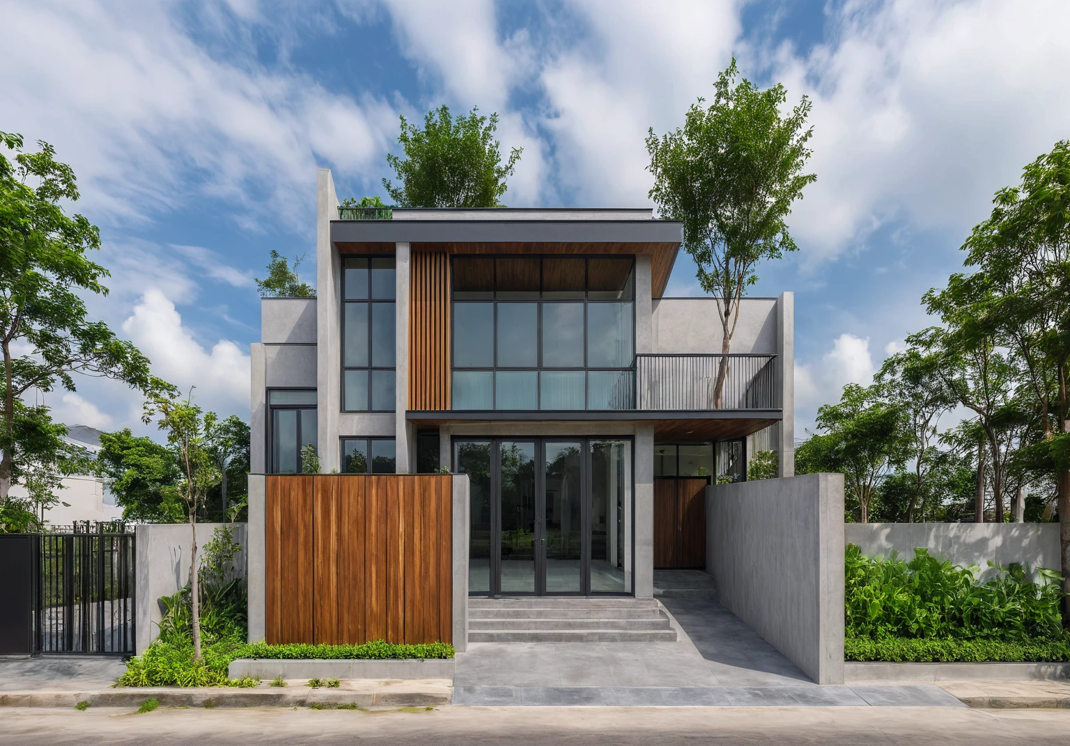 exterior of house, modern, townhouse, Modern house gate, minimalistic, the house is located in an urban area of Hanoi Vietnam, wall concrete gray and wood, facing the road, plant and tree, sidewalks, sidewalk trees, corona render, 3ds max, wide view, overcast sky, a moody foggy environment, sunny cinematic, natural light