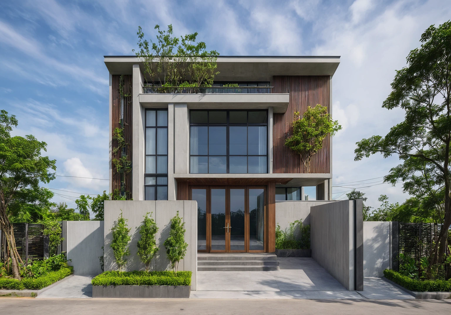 exterior of house, modern, townhouse, Modern house gate, minimalistic, the house is located in an urban area of Hanoi Vietnam, wall concrete gray and wood, facing the road, plant and tree, sidewalks, sidewalk trees, corona render, 3ds max, wide view, overcast sky, a moody foggy environment, sunny cinematic, natural light