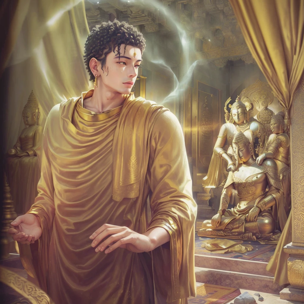 painting of a person in a golden robe standing in a room, buddhism, the buddha, ashoka tano, buddha, buddhist, samsara, beautiful depiction, buddhist art, historical artistic depiction, artistic depiction, sharandula, artist unknown, beautiful image, in a temple, inspiring art, attractive male deity, by John Moonan, karma sutra